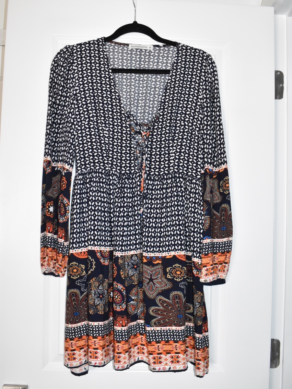 Cowgirl Western Rusttydustty Mixed Print Lace Up Boho Mini Dress – Size Medium